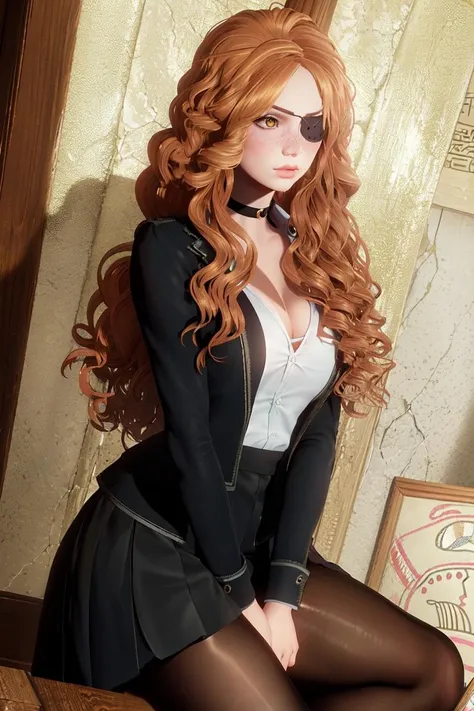 masterpiece, (ultra detailed background, delicate pattern, intricate detail), (highly detailed, fine details), best quality, beautiful lighting, 1girl, solo, Nova, long hair, curly hair, lips, dark ginger hair, wavy hair, yellow eyes, eyepatch, freckles, black choker, (gray collared shirt, black jacket, formal jacket, black tie, short skirt, black skirt, fishnet, pantyhose), complex detailed background, inside, stone wall, ancient interior, ancient egyptian room, hieroglyphs, dark lighting, dark atmosphere, (close-up, portrait), closed mouth, <lora:Nova:0.7>