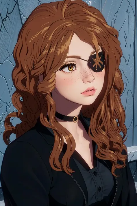masterpiece, (ultra detailed background, delicate pattern, intricate detail), (highly detailed, fine details), best quality, beautiful lighting, 1girl, solo, Nova, long hair, curly hair, lips, dark ginger hair, wavy hair, yellow eyes, eyepatch, freckles, black choker, (gray collared shirt, black jacket, formal jacket, black tie, short skirt, black skirt, fishnet, pantyhose), complex detailed background, inside, stone wall, ancient interior, ancient egyptian room, hieroglyphs, dark lighting, dark atmosphere, (close-up, portrait), closed mouth, <lora:Nova:0.7>