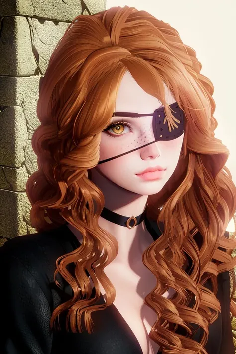 masterpiece, (ultra detailed background, delicate pattern, intricate detail), (highly detailed, fine details), best quality, beautiful lighting, 1girl, solo, Nova, long hair, curly hair, lips, dark ginger hair, wavy hair, ((yellow eyes, eyepatch)), freckles, black choker, (gray collared shirt, black jacket, formal jacket, black tie, short skirt, black skirt, fishnet, pantyhose), complex detailed background, inside, stone wall, ancient interior, ancient egyptian room, hieroglyphs, dark lighting, dark atmosphere, (close-up, portrait), (closed mouth, looking at viewer), <lora:Nova:0.8>