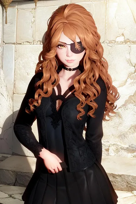 masterpiece, (ultra detailed background, delicate pattern, intricate detail), (highly detailed, fine details), best quality, beautiful lighting, 1girl, solo, Nova, long hair, curly hair, lips, dark ginger hair, wavy hair, ((yellow eyes, eyepatch)), freckles, black choker, (gray collared shirt, black jacket, formal jacket, black tie, short skirt, black skirt, fishnet, pantyhose), complex detailed background, inside, stone wall, ancient interior, ancient egyptian room, hieroglyphs, dark lighting, dark atmosphere, (close-up, portrait), (closed mouth, hands behind back, looking at viewer), <lora:Nova:0.7>