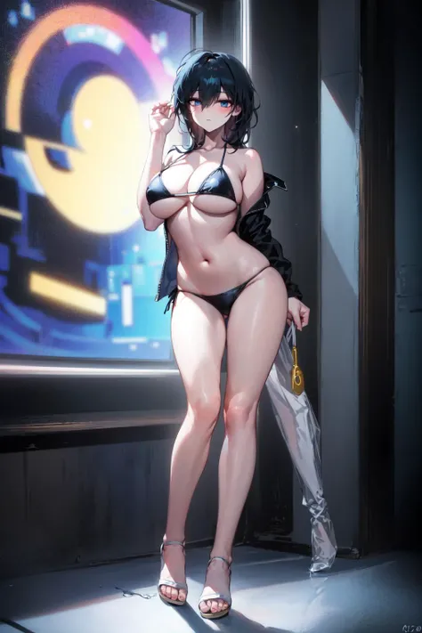 (masterpiece:1.2, best quality), (finely detailed beautiful eyes: 1.2), (detailed background,dark fantasy), (beautiful detailed face), high contrast, (best illumination, an extremely delicate and beautiful), ((cinematic light)), colorful, hyper detail, dramatic light, intricate details, (<lora:Ishimi-01:1>, hair between eyes, bikini, hot), swirling black light around the character, depth of field,black light particles, (((black hair))), (((full body))), sexy, blushing, hot girl, (((1girl))), (((solo)))