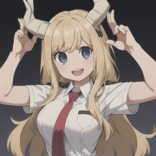 pony tsunotori, 1girl, solo, long hair, breasts, looking at viewer, smile, open mouth, blue eyes, blonde hair, shirt, school uniform, white shirt, upper body, short sleeves, :d, necktie, horns, collared shirt, black eyes, parody, own hands together, red necktie, style parody, u.a. school uniform <lora:PonyTsunotoriLoRA-10:0.6>