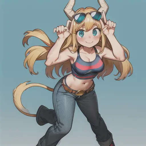 pony tsunotori, 1girl, solo, long hair, breasts, looking at viewer, blush, smile, blue eyes, blonde hair, simple background, white background, navel, bare shoulders, jewelry, standing, tail, full body, horns, midriff, belt, pants, bracelet, aqua eyes, crop top, sunglasses, tank top, denim, eyewear on head, jeans <lora:PonyTsunotoriLoRA-10:0.7>