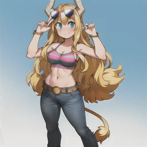 pony tsunotori, 1girl, solo, long hair, breasts, looking at viewer, blush, smile, blue eyes, blonde hair, simple background, white background, navel, bare shoulders, jewelry, standing, tail, full body, horns, midriff, belt, pants, bracelet, aqua eyes, crop top, sunglasses, tank top, denim, eyewear on head, jeans <lora:PonyTsunotoriLoRA-10:0.7>