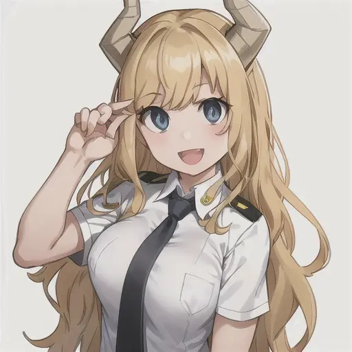 pony tsunotori, 1girl, solo, long hair, breasts, looking at viewer, smile, open mouth, blue eyes, blonde hair, shirt, white shirt, upper body, short sleeves, :d, necktie, horns, collared shirt, black eyes, own hands together <lora:PonyTsunotoriLoRA-10:0.6>