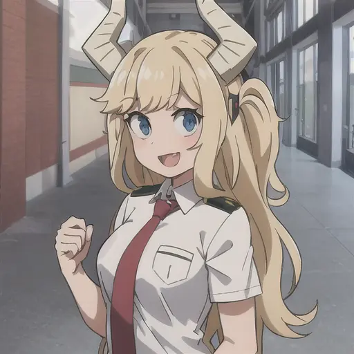 pony tsunotori, 1girl, solo, long hair, breasts, looking at viewer, smile, open mouth, blue eyes, blonde hair, shirt, school uniform, white shirt, upper body, short sleeves, :d, necktie, horns, collared shirt, black eyes, parody, own hands together, red necktie, style parody, u.a. school uniform <lora:PonyTsunotoriLoRA-10:0.6>