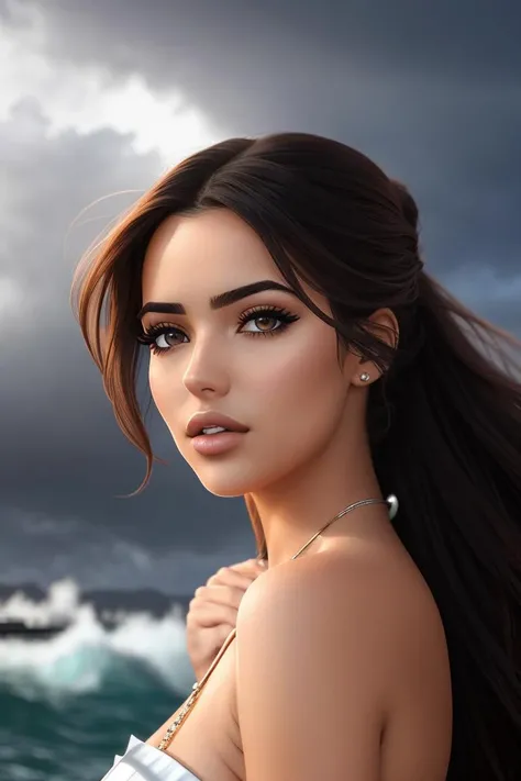 photo of (aneeqafarid), a woman (traveling in the Titanic:1.2), (windblown hair:0.9), modelshoot style, (extremely detailed CG unity 8k wallpaper), photo of the most beautiful artwork in the world, trending on ArtStation, trending on CGSociety, Intricate, High Detail, Sharp focus, dramatic, photorealistic painting art by midjourney and greg rutkowski, (dark sea storm), (elegant white dress), (looking at viewer), (detailed pupils:1.1), (night tempest), (ponytail), (closeup:0.4), (defined facial features:1.2)