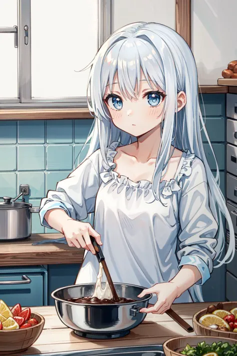 best quality, high quality, in the kitchen, 1girl, white hair, light blue eyes,