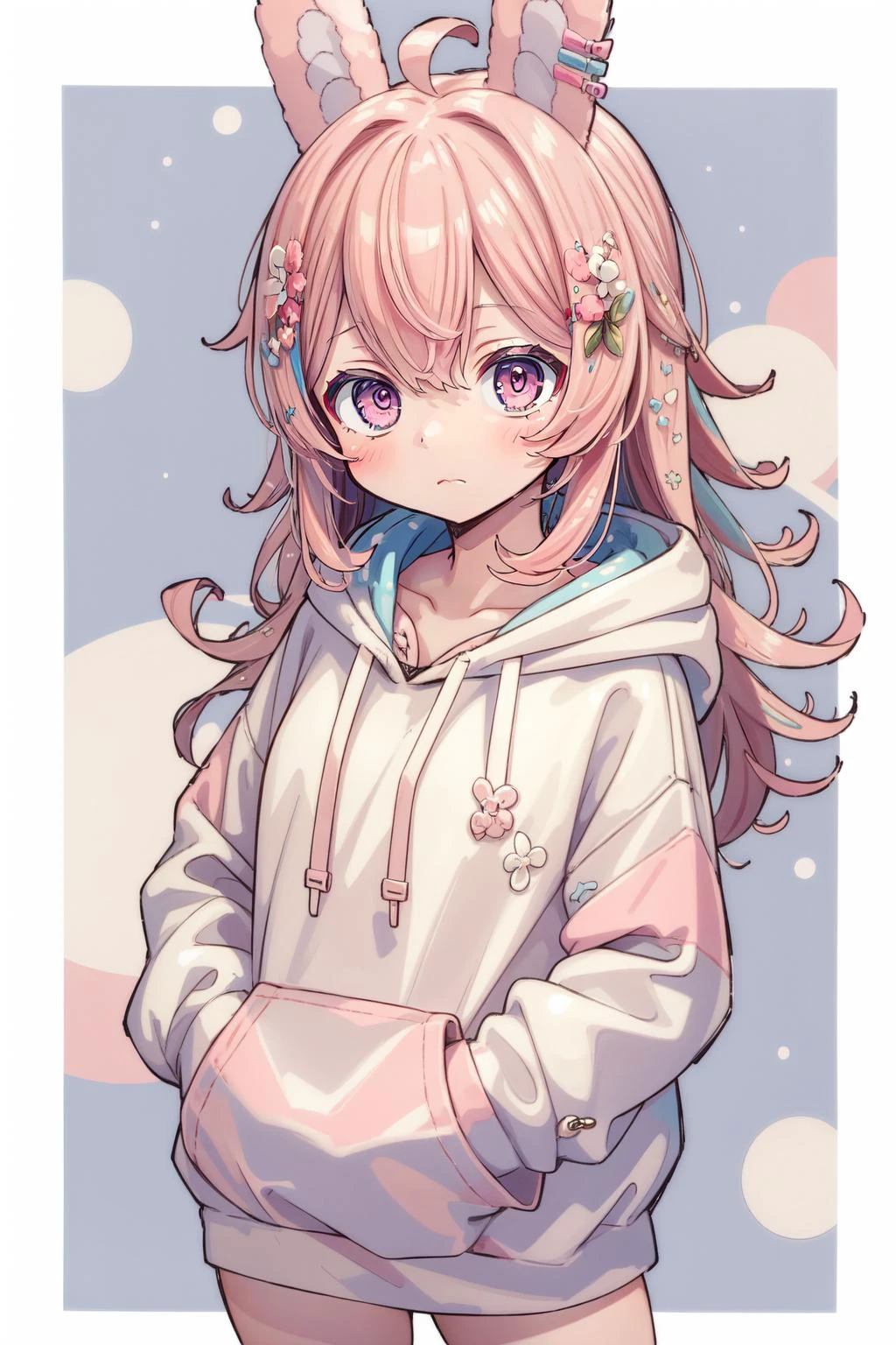 (masterpiece, best quality), intricate details,
1girl, <lora:Pippa:0.8> pippa, virtual youtuber, pink hair, hair ornament, rabbit ears, pink eyes, hoodie,