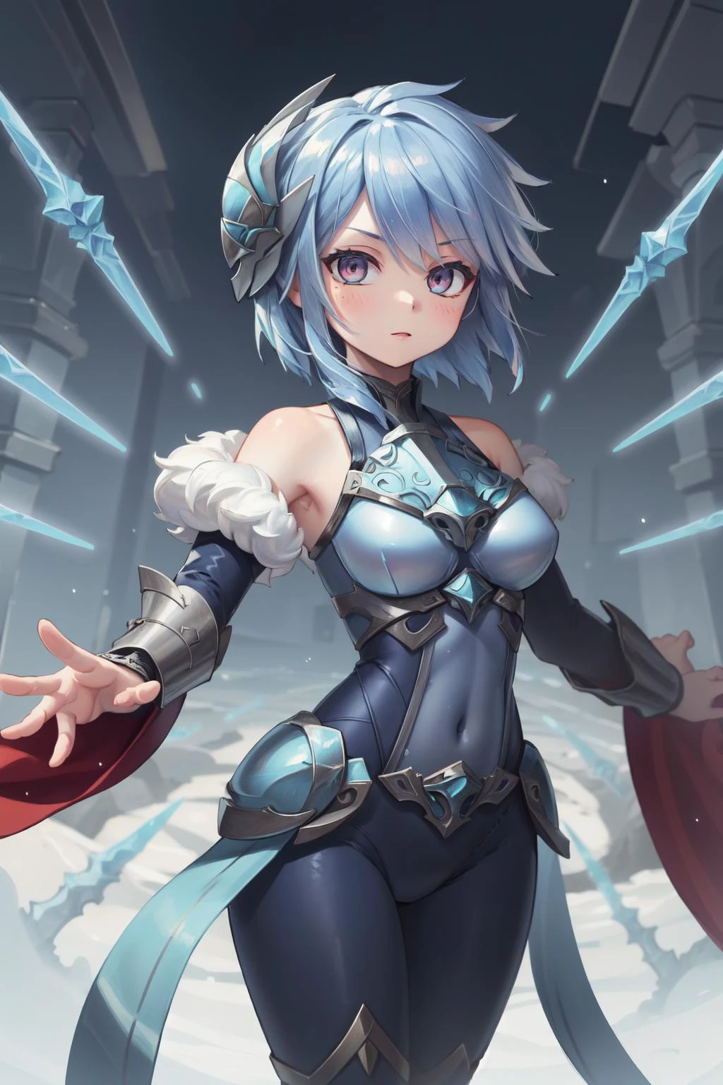 (masterpiece, best quality), intricate details, (fractal art:1.2),
<lora:Frostblade_Irelia:0.8> frostblade irelia, 1girl, short hair, blue hair, bodysuit, detached sleeves,
