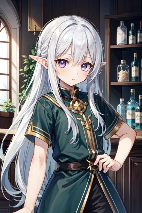 best quality, high quality, in the bar, 1boy,elf, long hair,white hair, purple eyes,