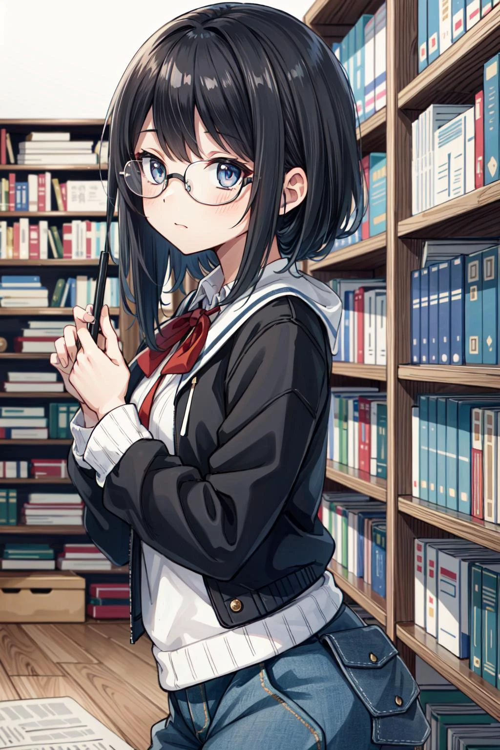 best quality, high quality, in the library, 1girl, black hair, glasses,