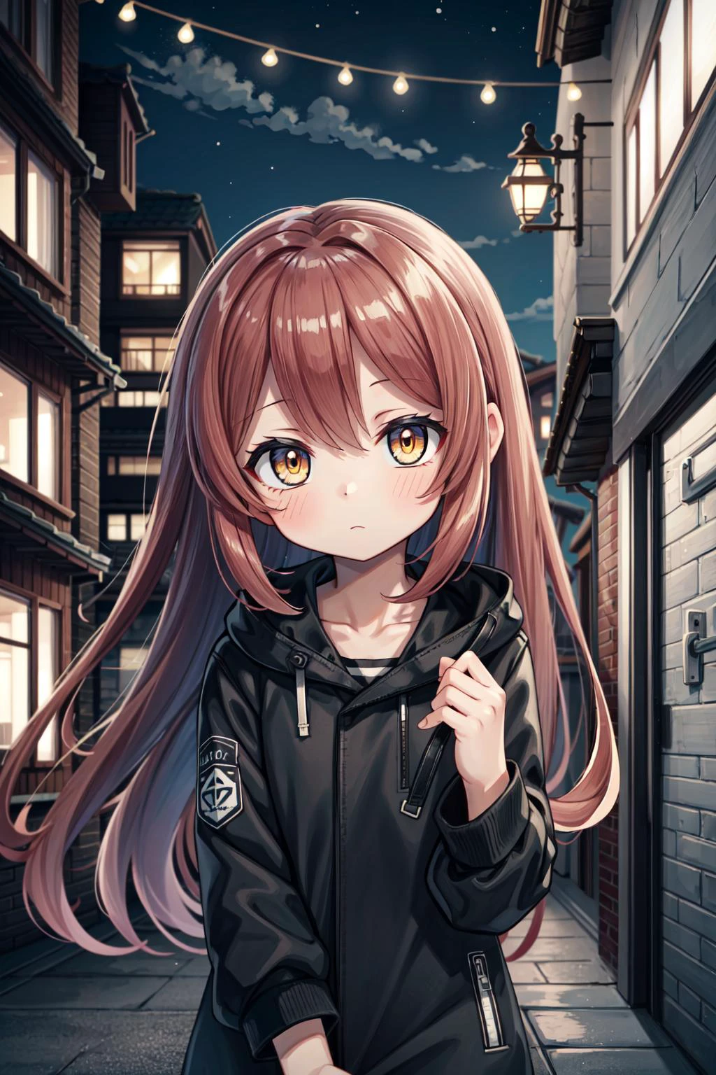 best quality, high quality, in the city, night, 1girl, yellow eyes, red hair,