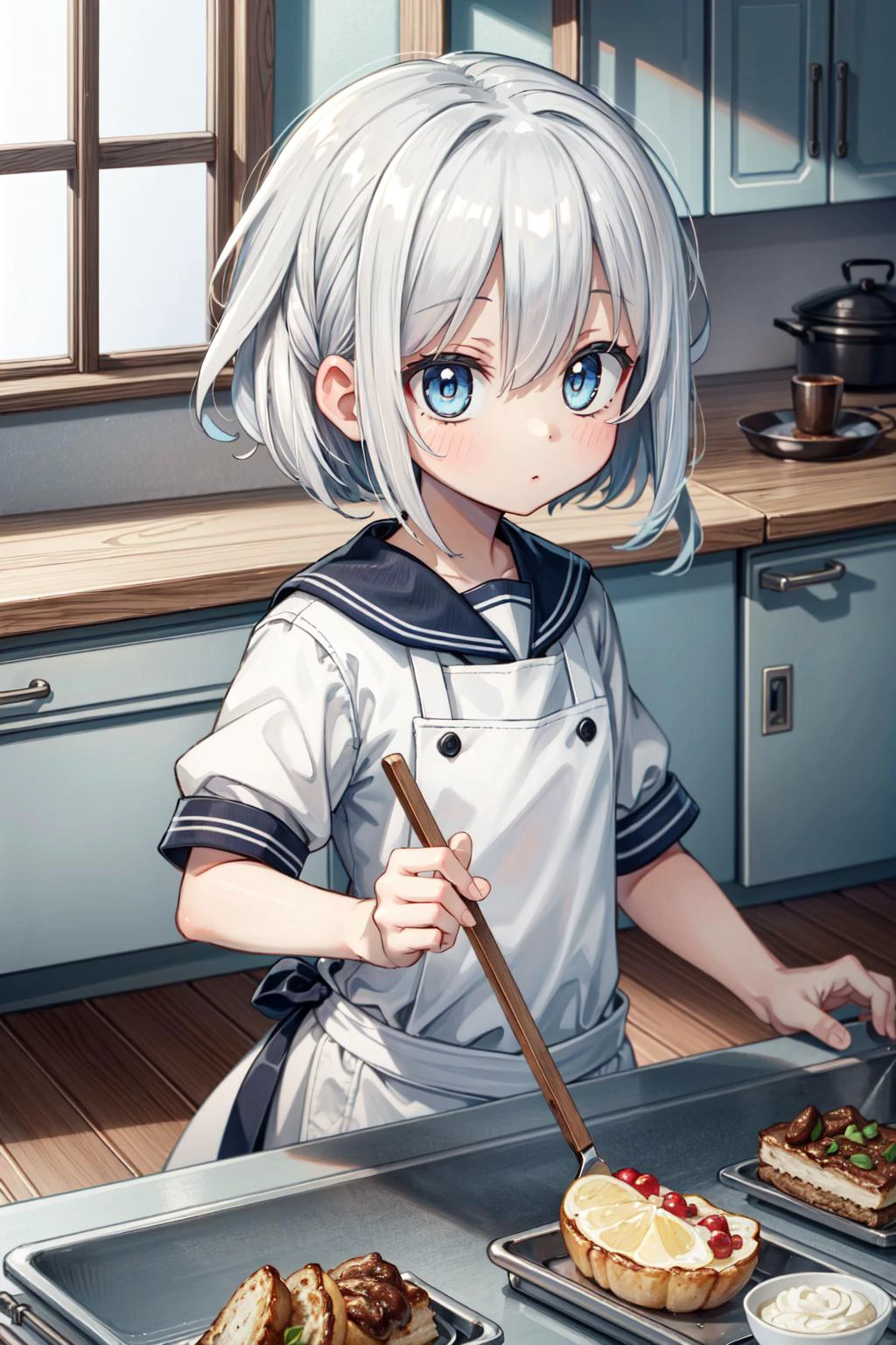 best quality, high quality, in the kitchen, 1girl, white hair, light blue eyes,