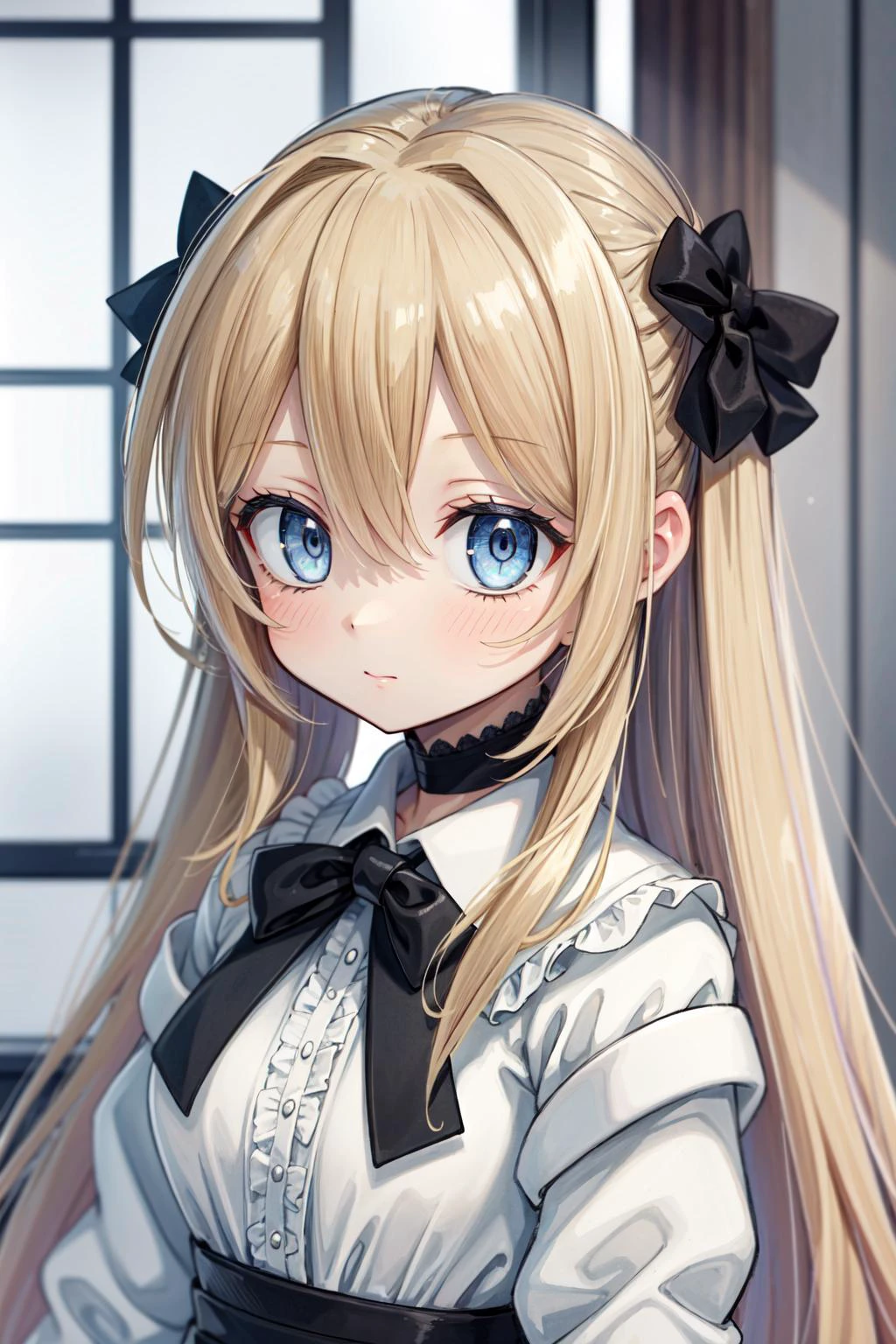 best quality, high quality, in the mansion, 1girl, blonde hair, light blue eyes,
