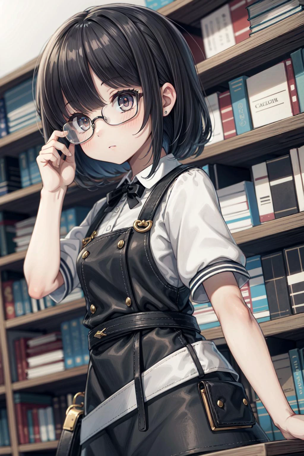 best quality, high quality, in the library, 1girl, black hair, glasses,