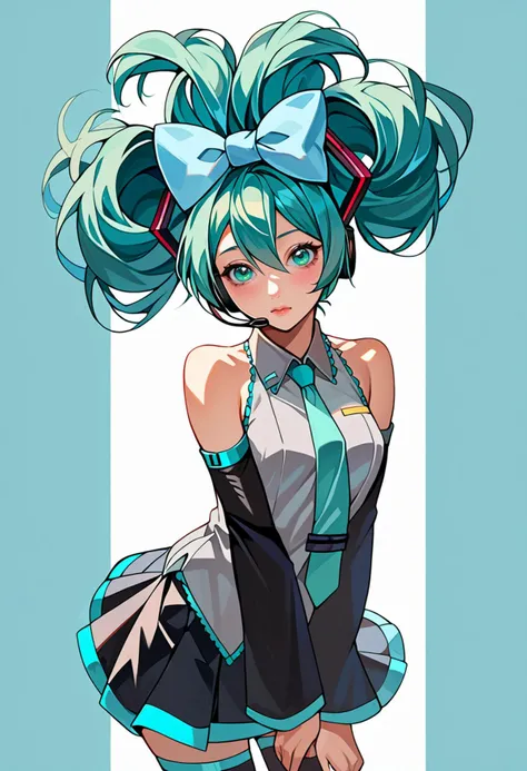 score_9, score_7_up, source_anime, BREAK <lora:vocaloid_cinnamiku_ponyXL:1> cinnamiku, aqua hair, aqua eyes, updo, hair ornament, hair bow, blue bow, ear bow, headset, grey shirt, sleeveless shirt, aqua necktie, black sleeves, detached sleeves, black skirt, black thighhighs, bare shoulders,