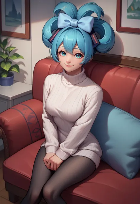 score_9, score_8_up, score_7_up, solo, 1girl, cinnamiku, smile, looking at viewer, sitting, couch, updo, hair ornament, hair bow, blue bow, ear bow, white sweater, sweater dress, ribbed sweater, black pantyhose, indoors <lora:vocaloid_cinnamiku_ponyXL:1>