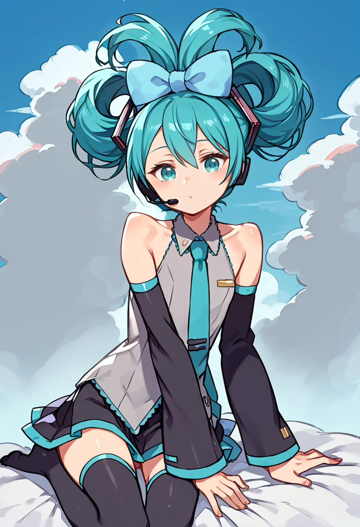 score_9, score_7_up, source_anime, BREAK solo, <lora:vocaloid_cinnamiku_ponyXL:1> cinnamiku, aqua hair, aqua eyes, updo, hair ornament, hair bow, blue bow, ear bow, headset, grey shirt, sleeveless shirt, aqua necktie, black sleeves, detached sleeves, black skirt, black thighhighs, bare shoulders, sitting on cloud, cloud, <lora:kuroboshi_kouhaku_PonyXL_style_v01:1>