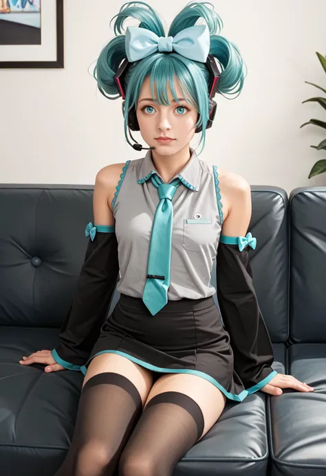 score_9, score_7_up, source_real_life, BREAK casting couch, black couch, sitting, office, door, three quarter view, <lora:vocaloid_cinnamiku_ponyXL:1> cinnamiku, aqua hair, aqua eyes, updo, hair ornament, hair bow, blue bow, ear bow, headset, grey shirt, sleeveless shirt, aqua necktie, black sleeves, detached sleeves, black skirt, black thighhighs, bare shoulders,