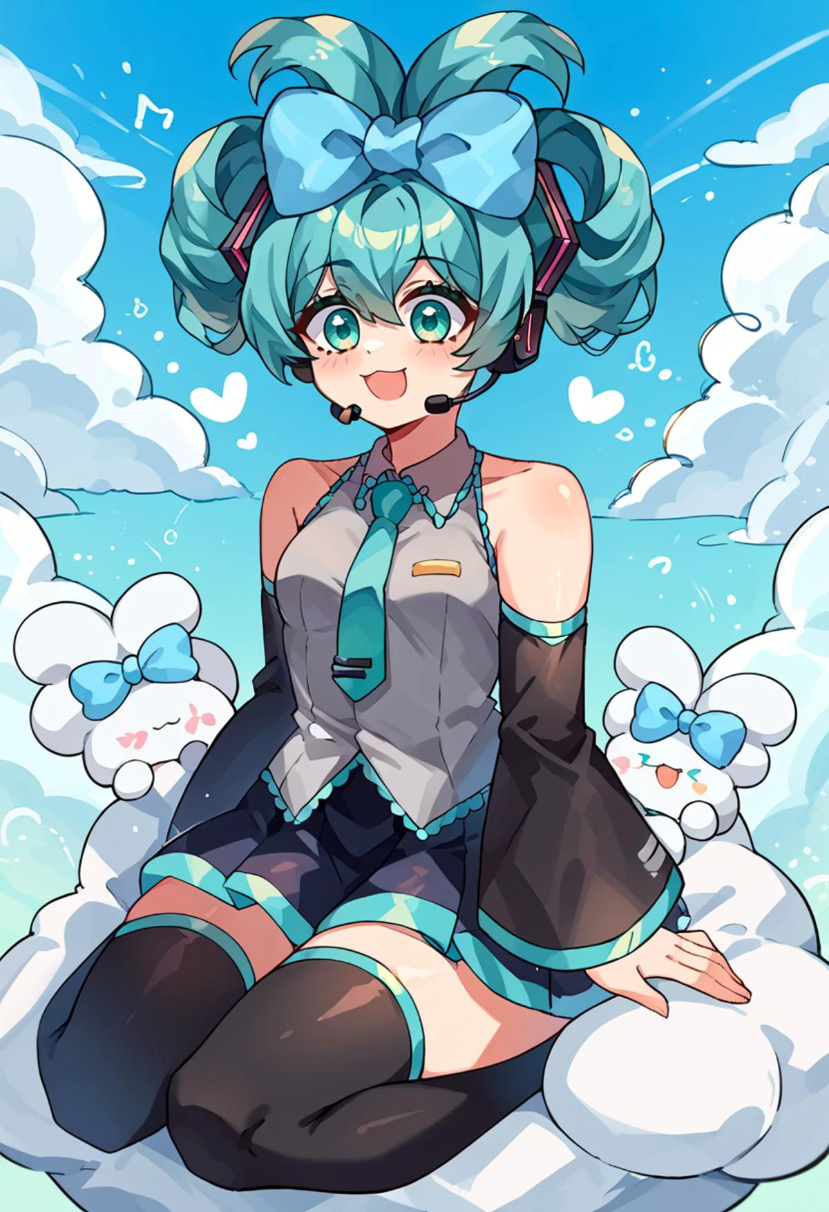 score_9, score_7_up, source_anime, <lora:Momoiiroo_Art_Style_PonyXL:1> momoiiroo, BREAK <lora:vocaloid_cinnamiku_ponyXL:1> cinnamiku, aqua hair, aqua eyes, updo, hair ornament, hair bow, blue bow, ear bow, headset, grey shirt, sleeveless shirt, aqua necktie, black sleeves, detached sleeves, black skirt, black thighhighs, bare shoulders, sitting on cloud, cloud,