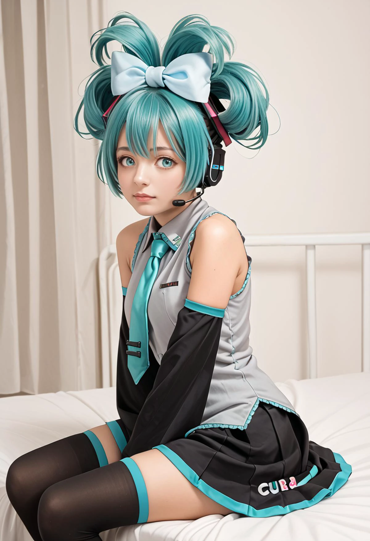 score_9, score_7_up, source_real_life, BREAK <lora:vocaloid_cinnamiku_ponyXL:1> cinnamiku, aqua hair, aqua eyes, updo, hair ornament, hair bow, blue bow, ear bow, headset, grey shirt, sleeveless shirt, aqua necktie, black sleeves, detached sleeves, black skirt, black thighhighs, bare shoulders,
