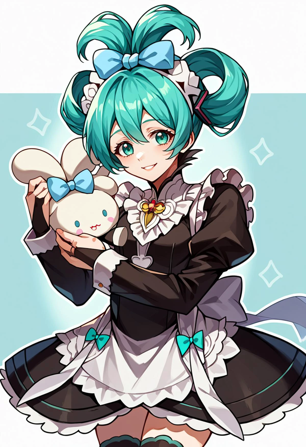 score_9, score_7_up, source_anime, BREAK solo, <lora:vocaloid_cinnamiku_ponyXL:1> cinnamiku, aqua hair, aqua eyes, updo, hair ornament, hair bow, blue bow, ear bow, <lora:fatesmaid-fe-richy-v1_pdxl:0.8> fates maid, maid headdress, maid apron, bridal gauntlets, black thighhighs, smile, holding stuffed toy, cinnamoroll,