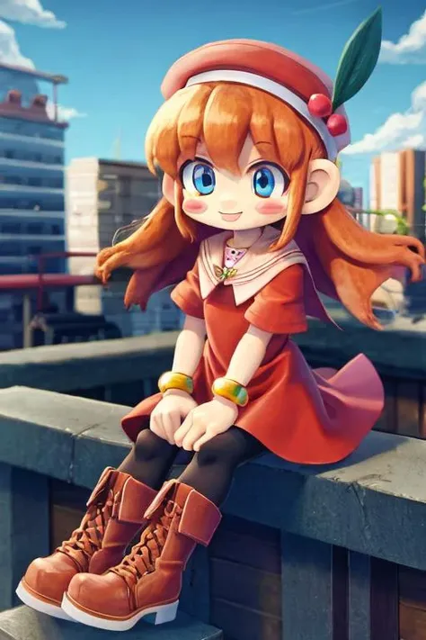 knlolo, long hair, orange hair, blue eyes, hat, red dress, jewelry, pantyhose, boots, orange hair, bracelet, blush stickers, bangle, smile, sitting, city, day <lora:lolo v2-000004:1>