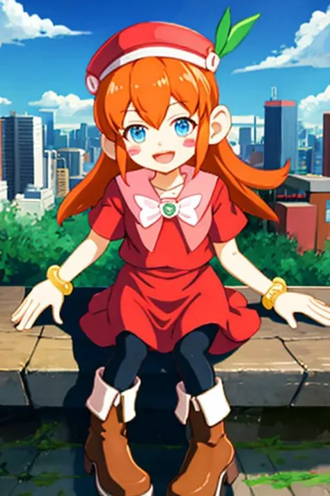 knlolo, long hair, orange hair, blue eyes, hat, red dress, jewelry, pantyhose, boots, orange hair, bracelet, blush stickers, bangle, :d, sitting, city, day <lora:lolo v2-000004:1>