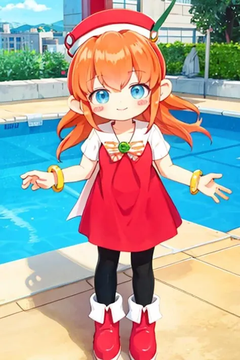 knlolo, long hair, orange hair, blue eyes, hat, red dress, jewelry, pantyhose, boots, orange hair, bracelet, blush stickers, bangle, smile, standing, swimming pool<lora:lolo v2-000004:1>