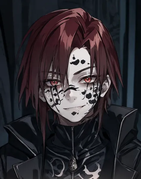 ((curse_mark)), dark theme, 1boy, pale skin, bags under eyes, empty eyes, red hair, spike, smile, evil smile, closed mouth, <lora:Kale:0.8>, <lora:LowRA:0.8>, <lora:menositanikuma2:1>, <lora:Gloomifier_TheDread_V1_LECO:1>, <lora:curse_mark-06:1>