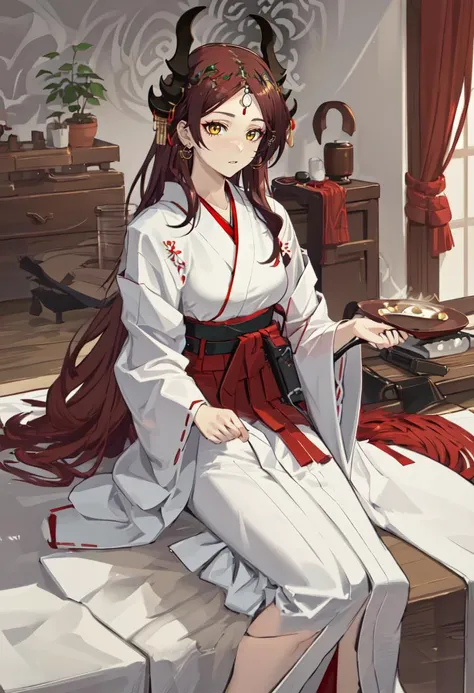 best quality, masterpiece, highres, solo, (jieyun_arknights:1.10), (white kimono:1.35), (red hakama:1.35), (wide sleeves:1.20), 13 <lora:jieyun_arknights:0.80>