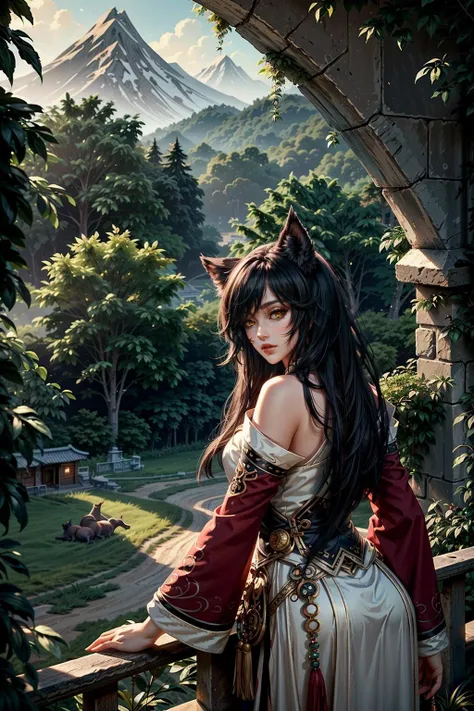 Big red fluffy cat cuddles woman with long red stripes, perfect ???????, perfect eyes, perfect face, high detail, high definition drawing, high resolution, HD, 16k, well-drawn, fine detail, sunlight, beautiful landscape, fantasy landscape, matte painting, complex details, high detail, high fidelity, ray traced reflections, intricate complexity, photorealistic, Makoto Shinkai Peter Kemp Mucha print, soft natural volume cinematic flawless light, light shadow, cinematic wallpaper, super detailing, photorealism