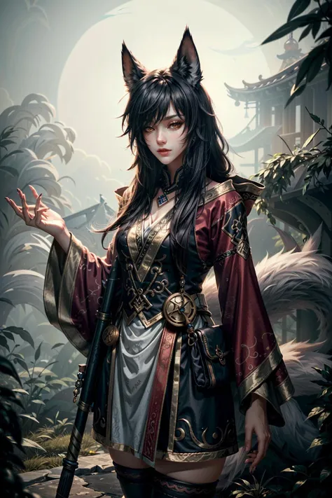 (masterpiece, best quality:1.3)
<lora:epi_noiseoffset2:1> <lora:add_detail:0.7>  <lora:AhriLeague:0.8>
AhriLeague, fox girl,  1girl, solo, long hair, Morning, Fog, Mysterious, Moorland, Adventure Gear