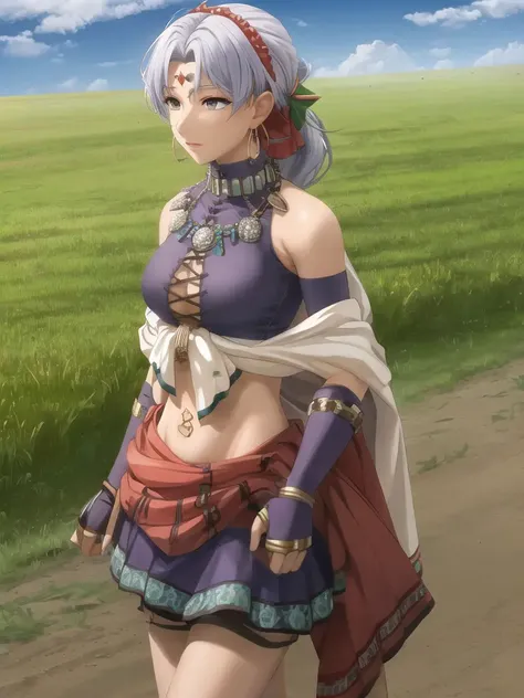 masterpiece, high quality cg, best quality, grassy field, dirt road, scherazard, crop top, gauntlets, purple skirt, white shawl