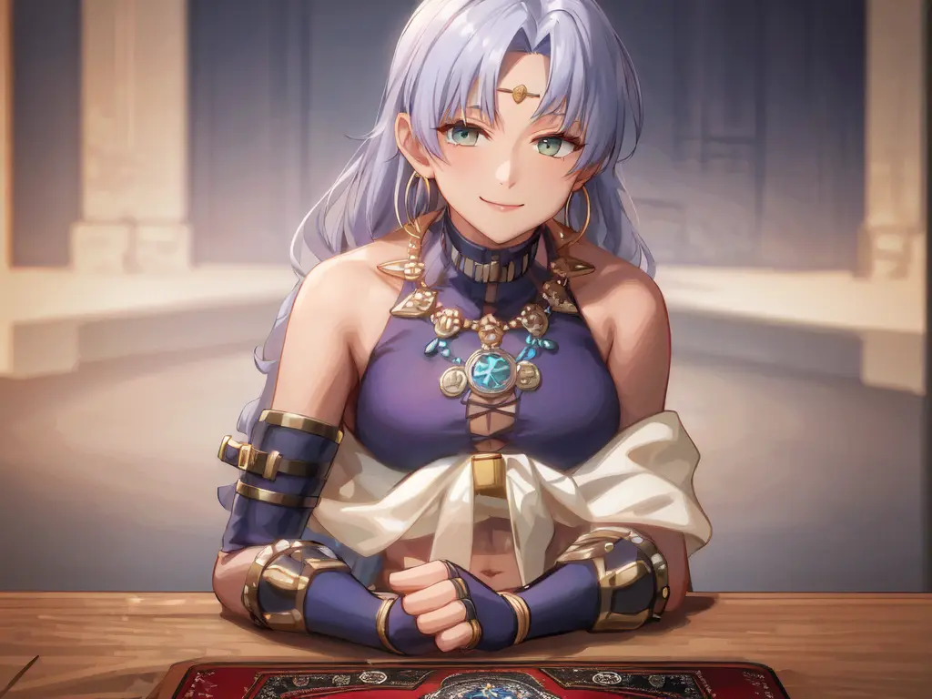 masterpiece, high quality cg, best quality, scherazard, purple crop top, gauntlets, purple skirt, white shawl, smile, indoors, sitting behind a table, tarot cards on table, pov