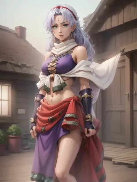 masterpiece, ultra high quality cg, best quality, scherazard, crop top, gauntlets, purple skirt, white shawl, standing in front of a farmhouse, green eyes