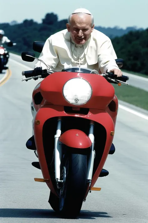 <lora:janPaweII_v21:1>
photo realistic analog canon EOS, masterpiece, jan pawel ii ,dramatic, cinematic,
Riding a motorbike down the motorway