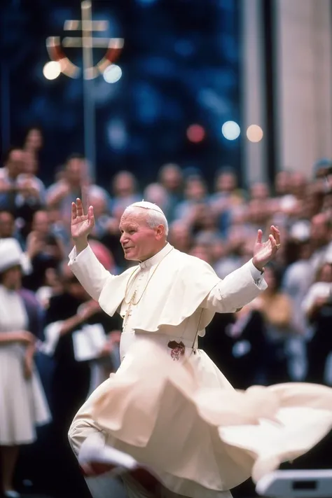 <lora:janPaweII_v21:1>
photo realistic analog canon EOS, masterpiece, jan pawel ii ,dramatic, cinematic,
Church, dancing violently, motion blur, stained glass,