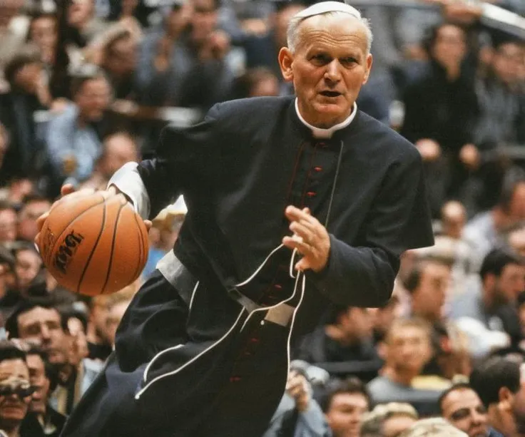 a jan pawel ii playing basketball, crowd watching him from the sidelines of a court, basketball, jan pawel ii playing basketball, ball, basketball ball, dynamic pose, lighting, subsurface scattering, f2, 35mm, film grain <lora:janPaweII_v21:0.8>