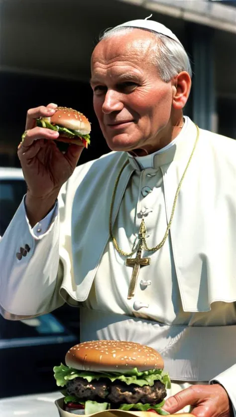 <lora:JanPawel2v21:1>, jan pawel ii, muscular, at macdonald, eating burger