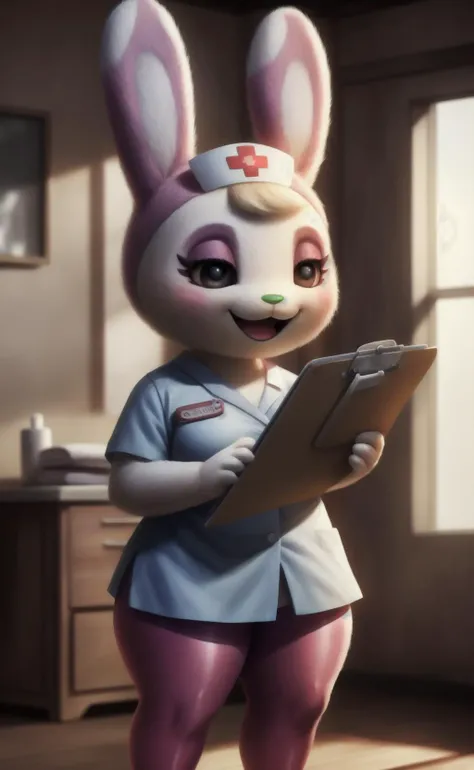 A happy cheerful short fuzzy fluffy vivid white (chibi:1) adult 20-year-old female anthro rabbit Chrissy_(ac) wearing a nurse_uniform reading a clipboard in a rustic hospital room. Digital art, (Animal Crossing:0.75), (photorealism:1.0), solo, bright. Pink_hood, pink_tights, black_eyes, (green_nose:0.7), thick thighs. <lora:chrissy:0.80>