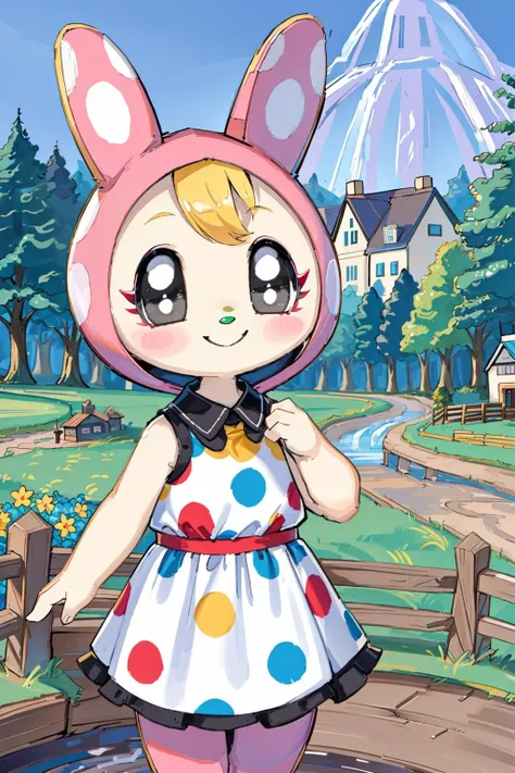 (masterpiece, best quality, highres, ultra detailed:1.2), (solo, 1girl, furry female, cowboy shot), chrissy_(ac), rabbit, white fur, dress, polka dot, polka dot dress, shirt collar, BREAK, blush stickers, rabbit tail, black eyes, short blonde hair, (sleeveless:1.4), animal hood, hood, smile, (meadow, rainbow, trees, town, house, path, stream, white picket fence, detailed background:1.1)