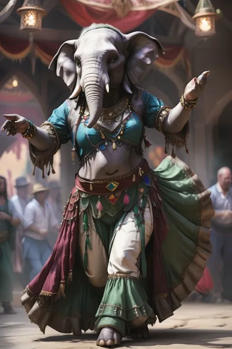 Fantasy, realistic, <lora:RPGLoxodonXL>, <lora:BardXL>, female, Loxodon, Tall, colored skin, (White skin:1.0),  green eyes, Dancing on a stage, Wearing gypsy belly dancing clothes, large breasts, <lora:more_details>, <lora:DetailedEyes>