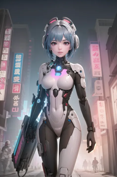(masterpiece, best_quality, ultra-detailed, immaculate:1.3), epic, illustration, (cyberpunk:1.20) rei ayanami, WALKING, LIGHT blue hair, red eyes, white cybernetic plugsuit, on a dark city street, NEON SIGNS<lora:Cyberpunk_style-05:1.05><lora:EnvyBeautyMix22:1>