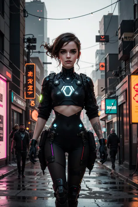 Illustrate Emma Watson in a cyberpunk style, merging futuristic elements with a gritty urban backdrop, using neon lights, holographic effects, and a dystopian atmosphere,  <lora:Cyberpunk_style:0.6> Cyberpunk Style emwats0n