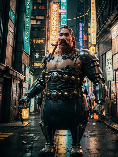8k UHD, Photo by Nikon camera, masterpiece, (<lora:obelix1:1> 1man, Obelix, fat, mustache, twin braids, big nose, black eyes), man, male, cartoon, watching viewer, 8k unreal engine render, cyberpunk, tech armor, glowing armor, neon armor, power armor, glow, neon, mechanical parts, tech parts, cyborg, robot, technological city full of neons, cyberpunk city, neon city, glow, action shot, detailed eyes, very vivid lighting, detailed, (vibrant, photo realistic, realistic, dramatic, dark, sharp focus), <lora:Cyberpunk_style:0.8> Cyberpunk Style, <lora:add_detail:0.8>, <lora:hotarublurbk_v100:-1>