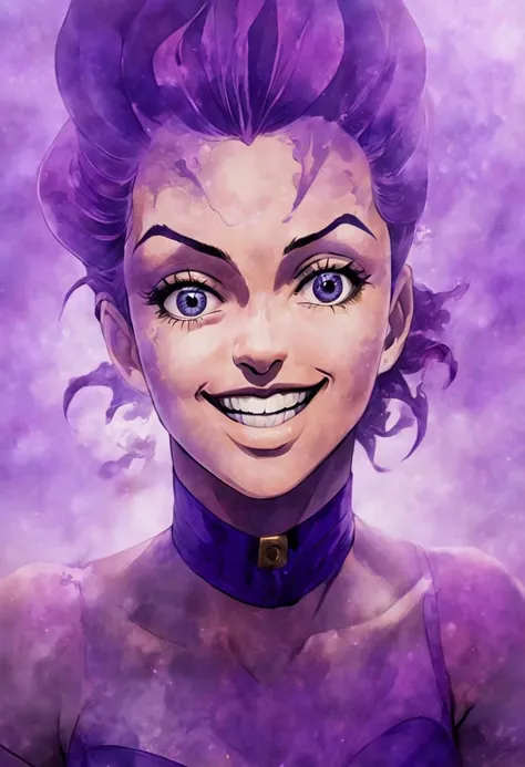 Clear lines, purple colored, Super face Closeup Portrait, Jonathan joster, Jojo, Jojos bizarre adventure Style, Smile, art by escher, Bedouin Showgirls, shiny Pantyhose, Vintage circus photos, Vintage circus, very detailed, hd, foggy, smoke, dimmed backlight, PEHighContrast