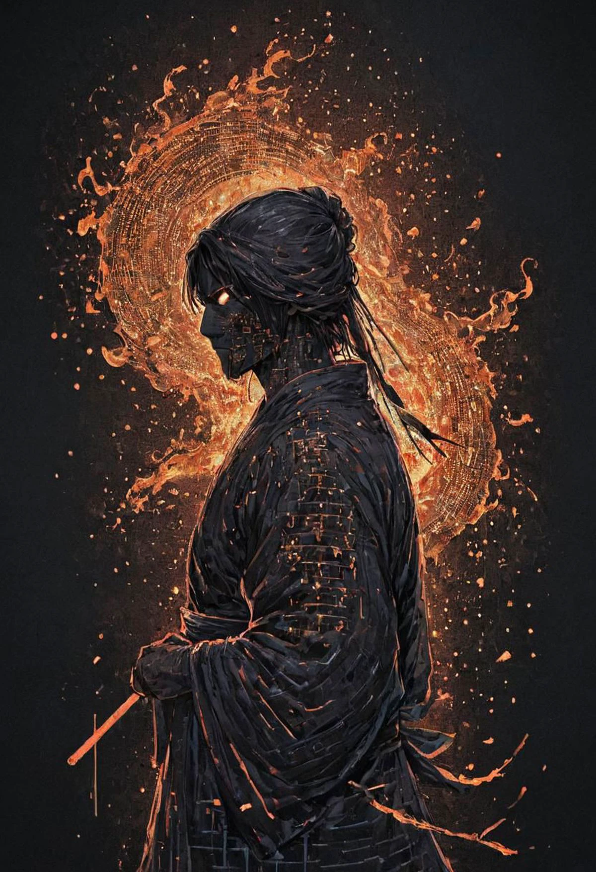 Super Closeup Portrait, Neon ascii_art, sideview, Himura Kenshin Kimono, feudal Ninja, Katsuhiro Otomo Style, Cotton Ninja suit, eyes visible, huge neon Art Painting from hanging at wall, Fighting stance, medieval inspired detailed Wall Art, very detailed, hd, foggy, smoke, dimmed backlight, PEHighContrast, floating particles, dynamic Scene