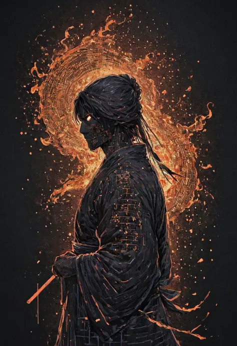 Super Closeup Portrait, Neon ascii_art, sideview, Himura Kenshin Kimono, feudal Ninja, Katsuhiro Otomo Style, Cotton Ninja suit, eyes visible, huge neon Art Painting from hanging at wall, Fighting stance, medieval inspired detailed Wall Art, very detailed, hd, foggy, smoke, dimmed backlight, PEHighContrast, floating particles, dynamic Scene